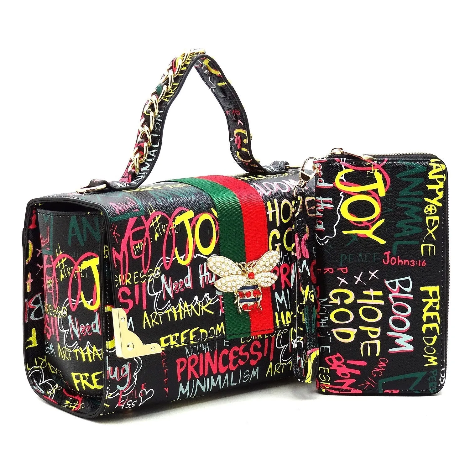 Trendy Multi Graffiti Queen Bee Boxy Satchel 2-in-1