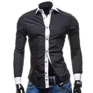 Trendy Shirt Collar Color Block Placket Button-Down Slimming Long Sleeve Polyester Shirt For Men - Black Xl