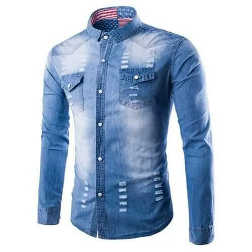 Turn-Down Collar Cat's Whisker Design Flag Lining Long Sleeve Denim Shirt For Men - Light Blue L