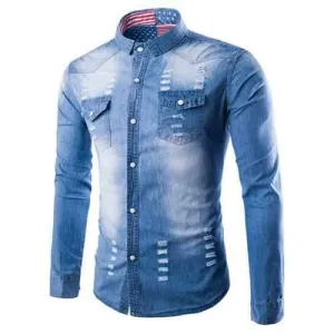 Turn-Down Collar Cat's Whisker Design Flag Lining Long Sleeve Denim Shirt For Men - Light Blue L