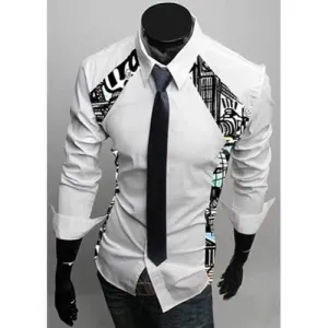 Turn-Down Collar Color Block Print Splicing Long Sleeve Men's Shirt - White 2xl