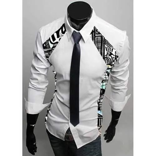 Turn-Down Collar Color Block Print Splicing Long Sleeve Men's Shirt - White 2xl
