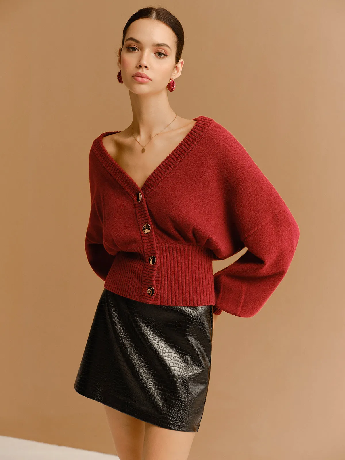 V-Neck Cinched Waist Button Cardigan