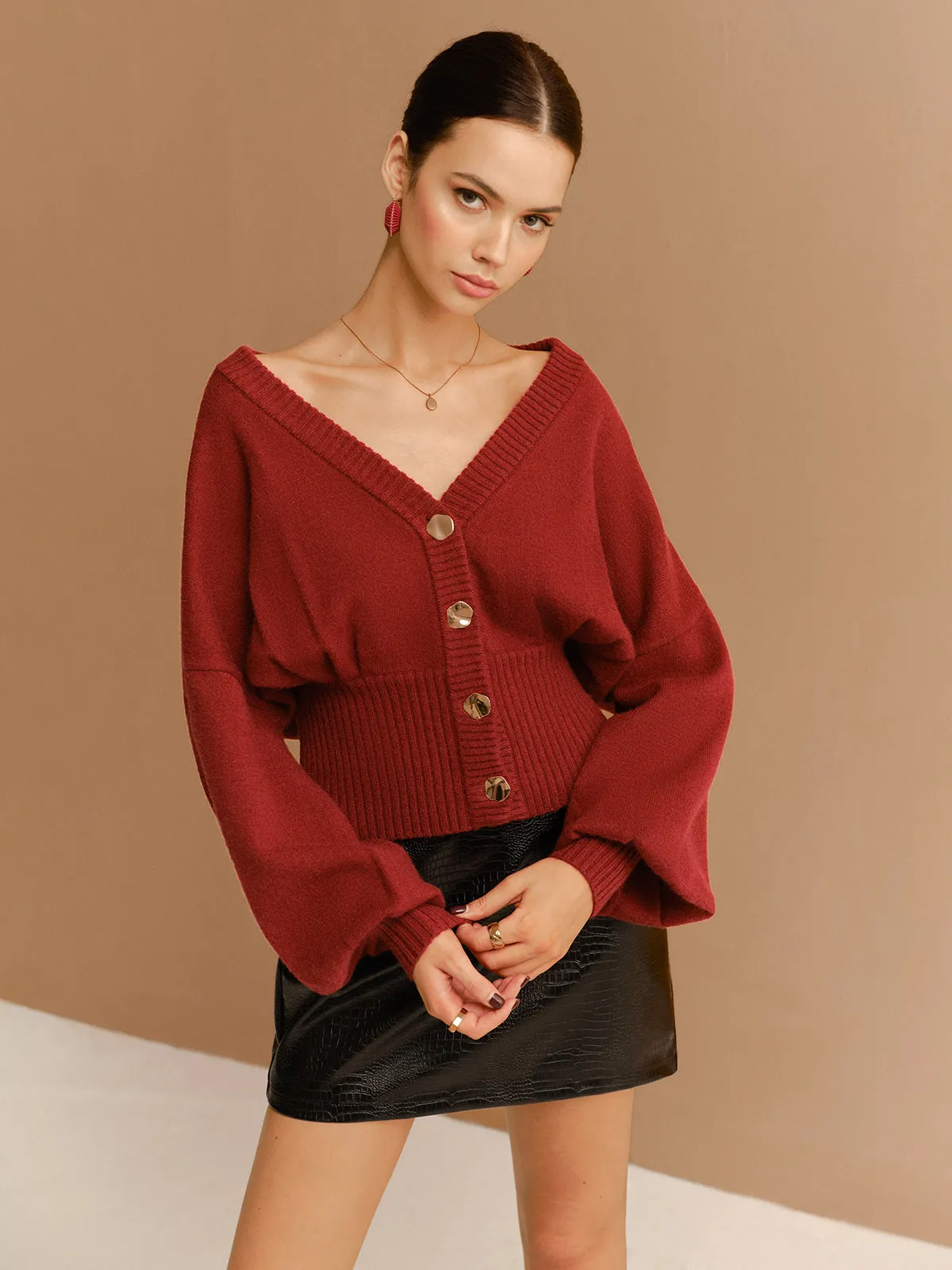V-Neck Cinched Waist Button Cardigan