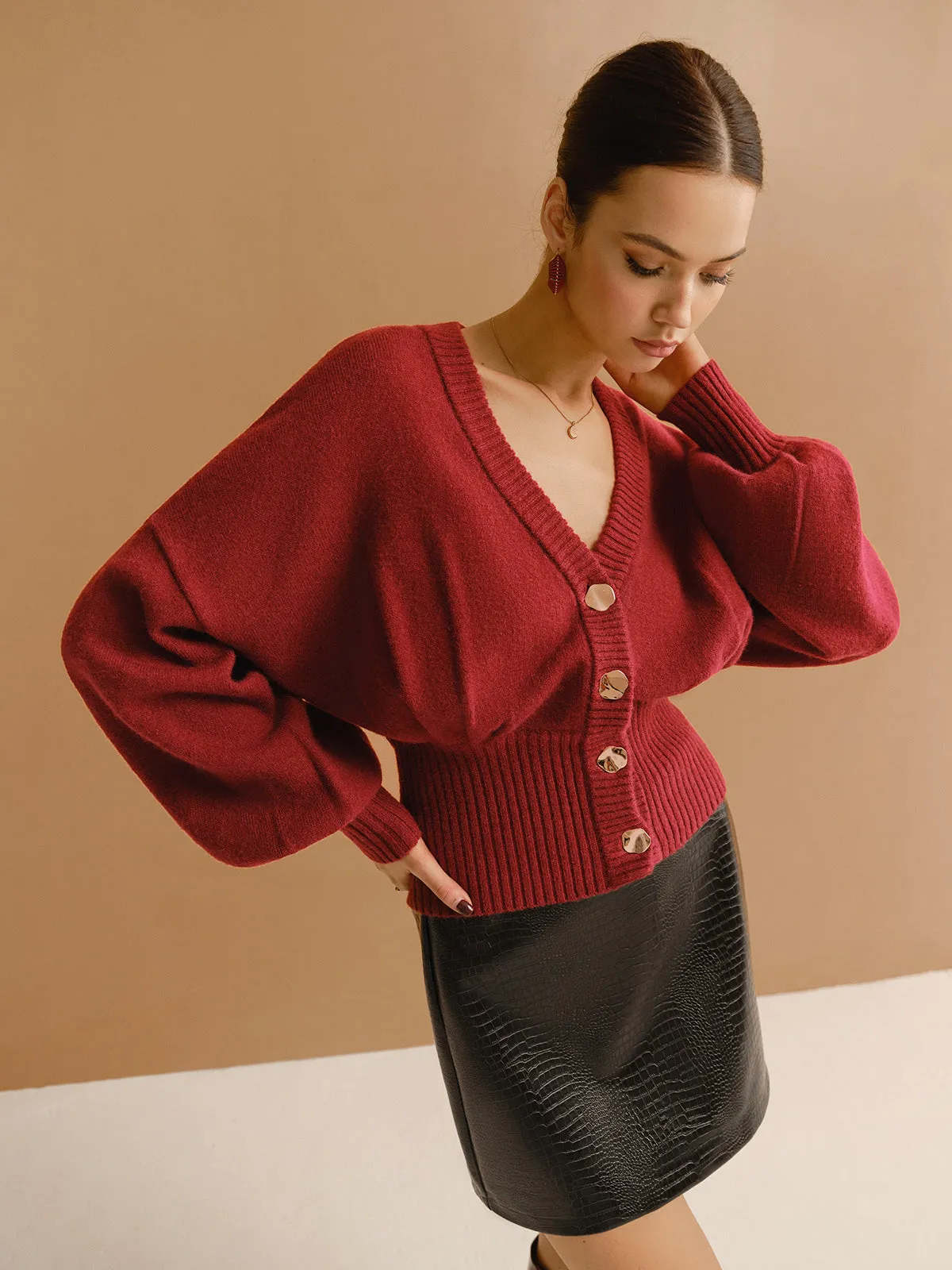 V-Neck Cinched Waist Button Cardigan