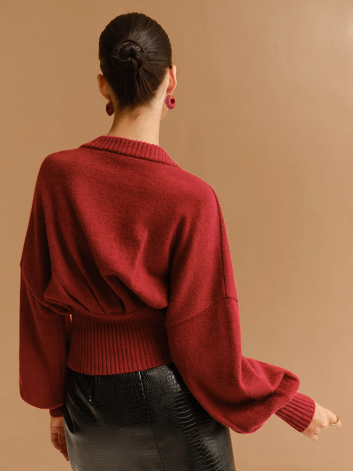V-Neck Cinched Waist Button Cardigan