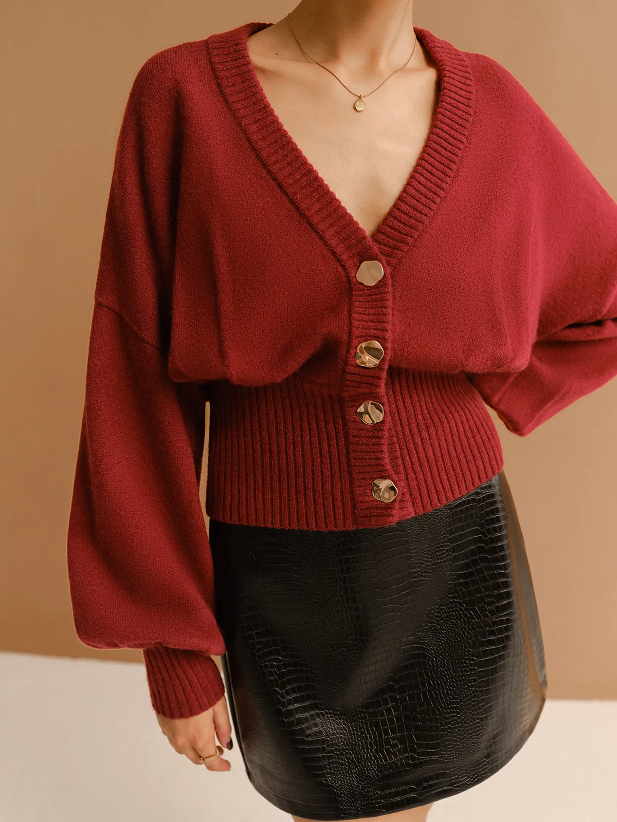 V-Neck Cinched Waist Button Cardigan