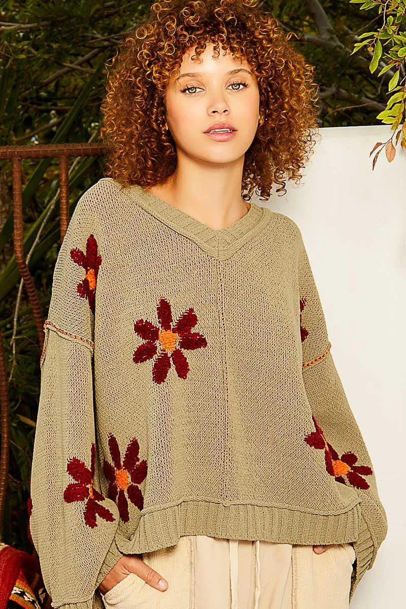 V Neck Floral Sweater