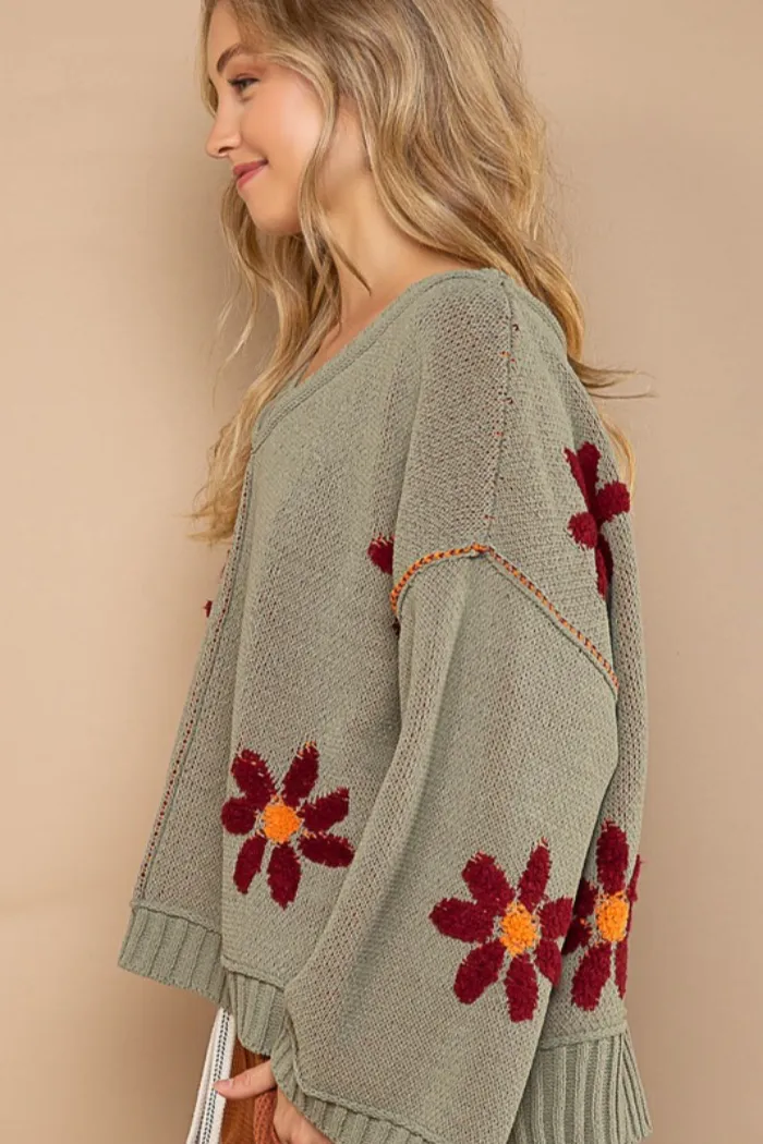 V Neck Floral Sweater