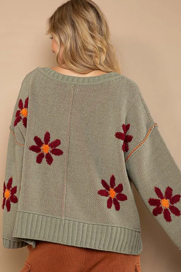 V Neck Floral Sweater