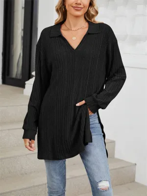 V Neck Striped Texture Side Split Fitted Shirt for Women