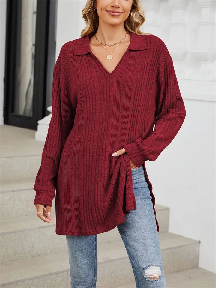 V Neck Striped Texture Side Split Fitted Shirt for Women
