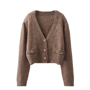 V-neck thin knit jacket for outer wear