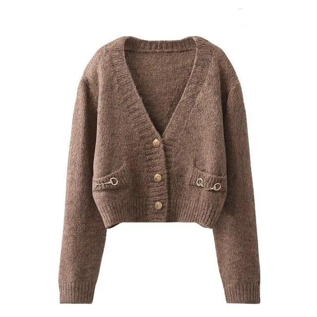 V-neck thin knit jacket for outer wear