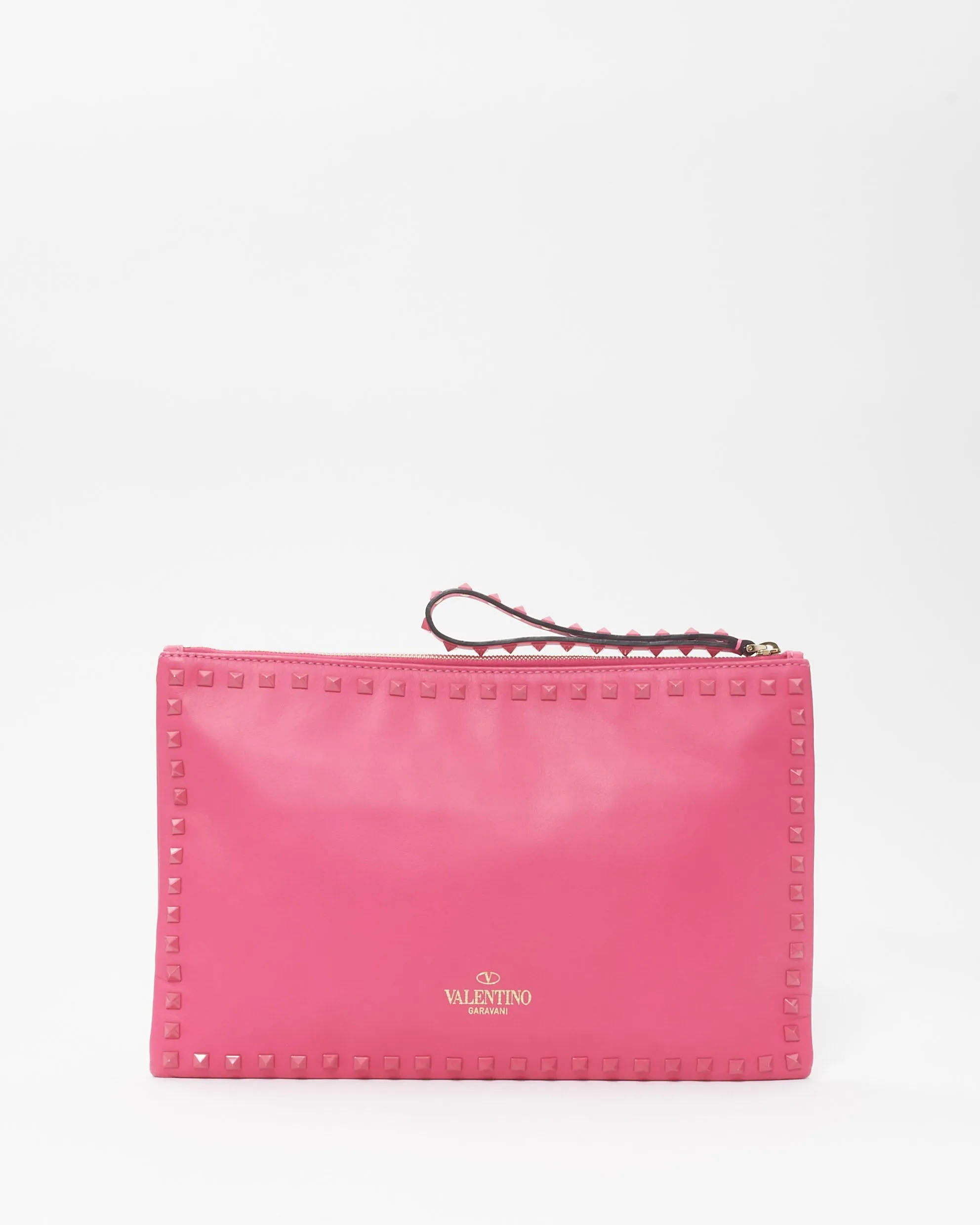 Valentino Bright Pink Leather Monochrome Rockstud Wristlet Clutch