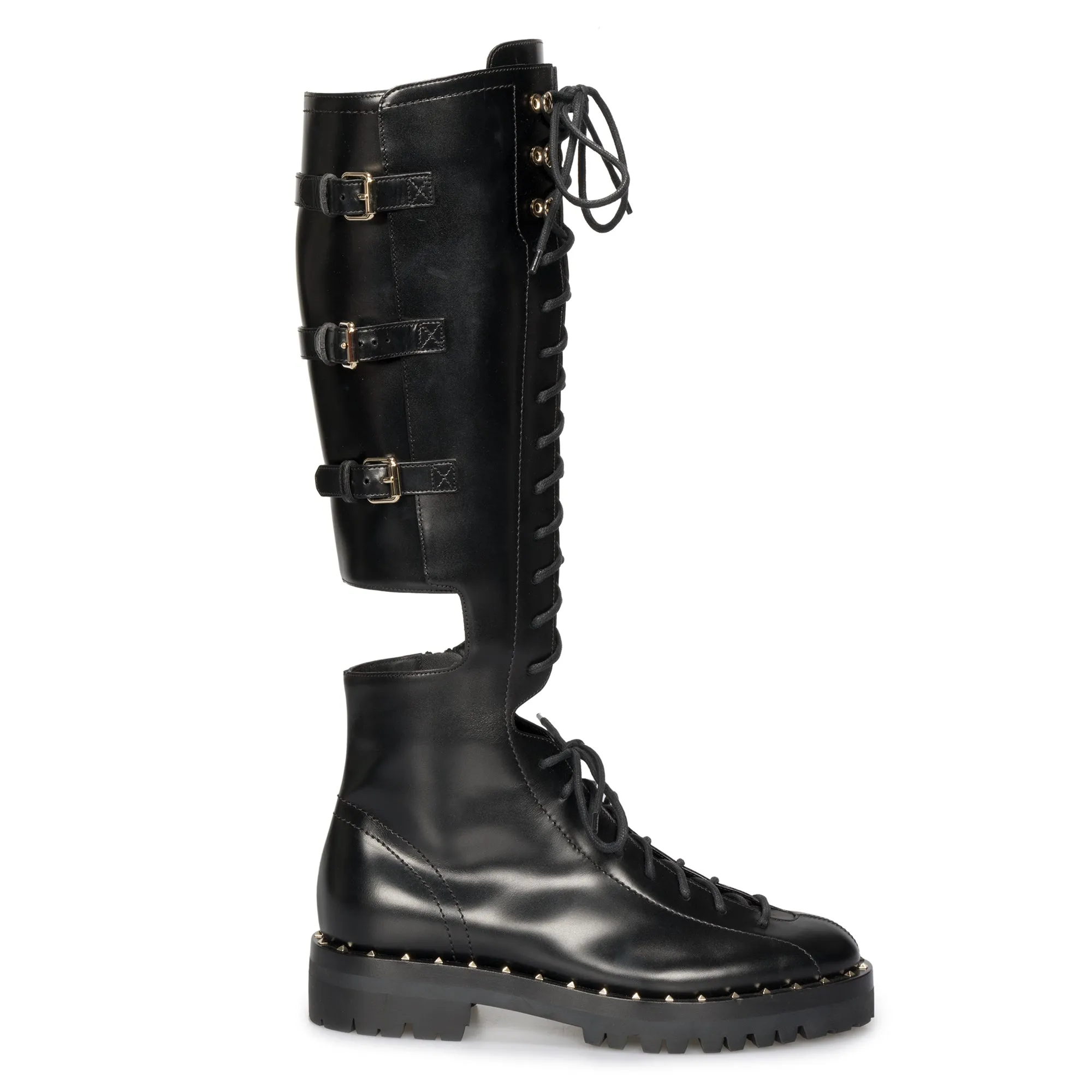 Valentino Rockstud Knee-High Cutout Boots in Black