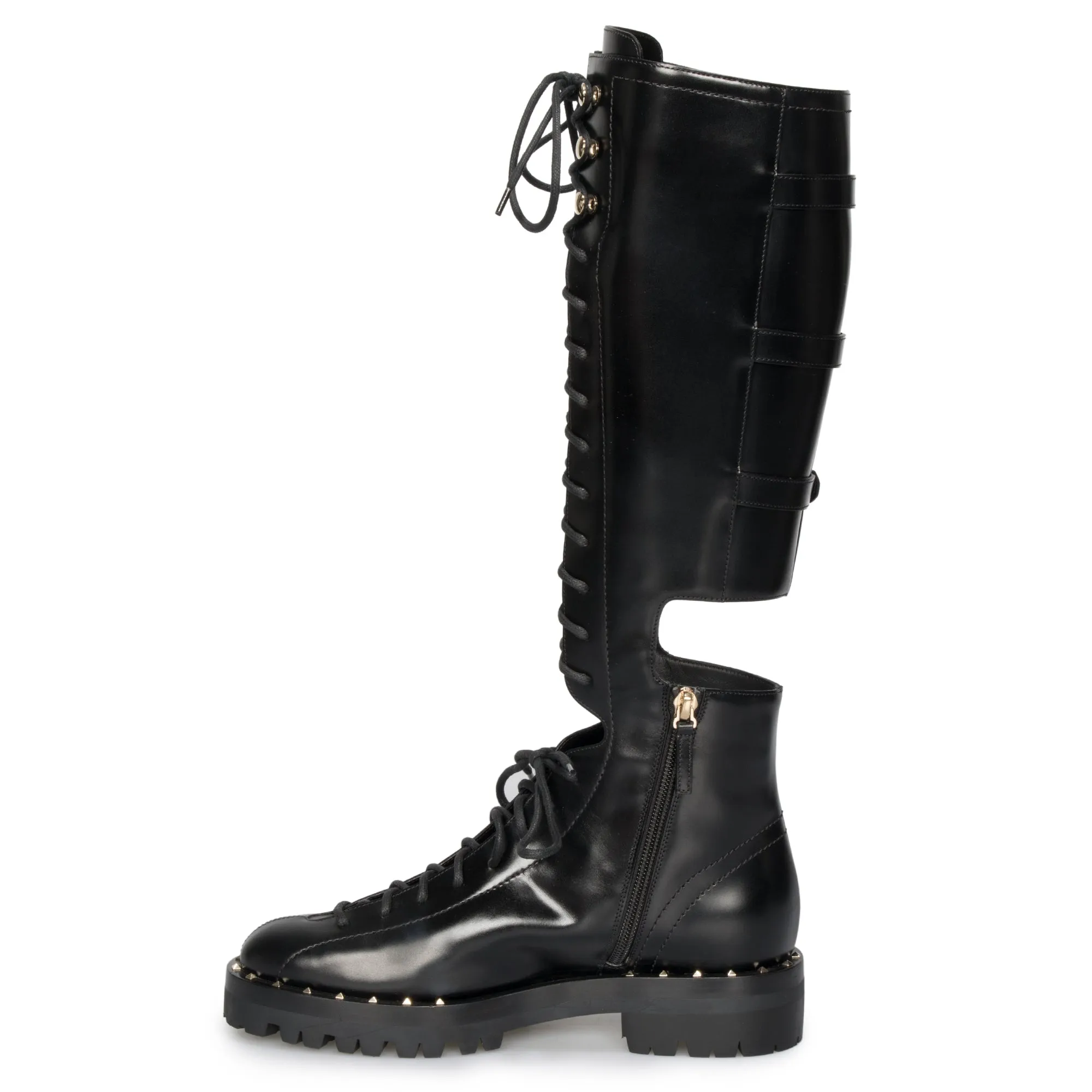 Valentino Rockstud Knee-High Cutout Boots in Black