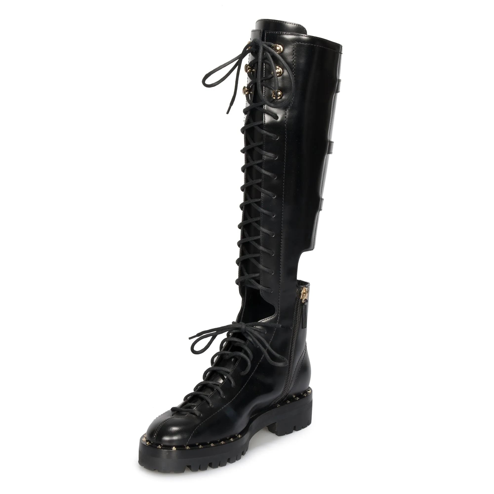 Valentino Rockstud Knee-High Cutout Boots in Black