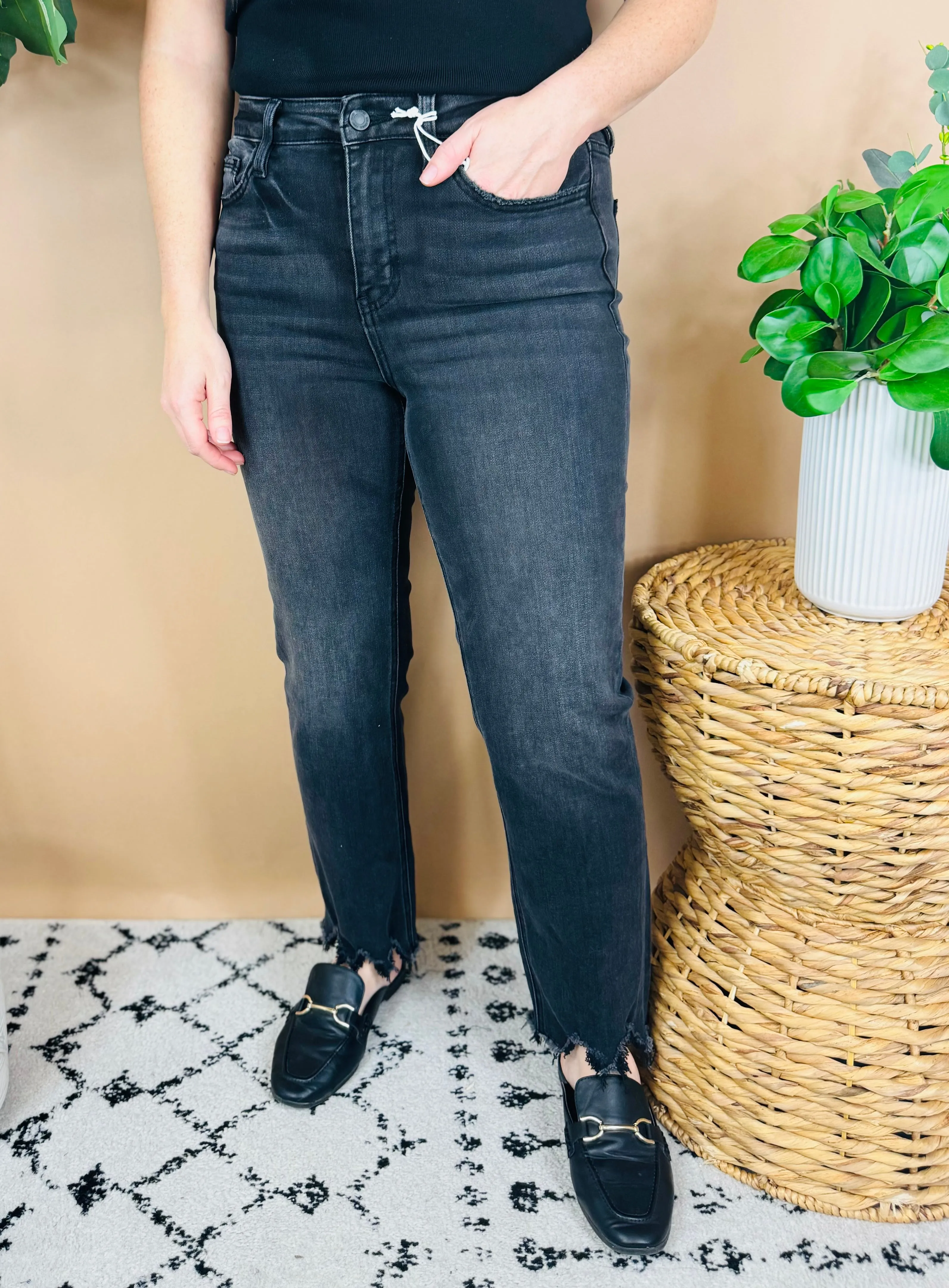 Victoria High Rise Slim Straight Black Jeans