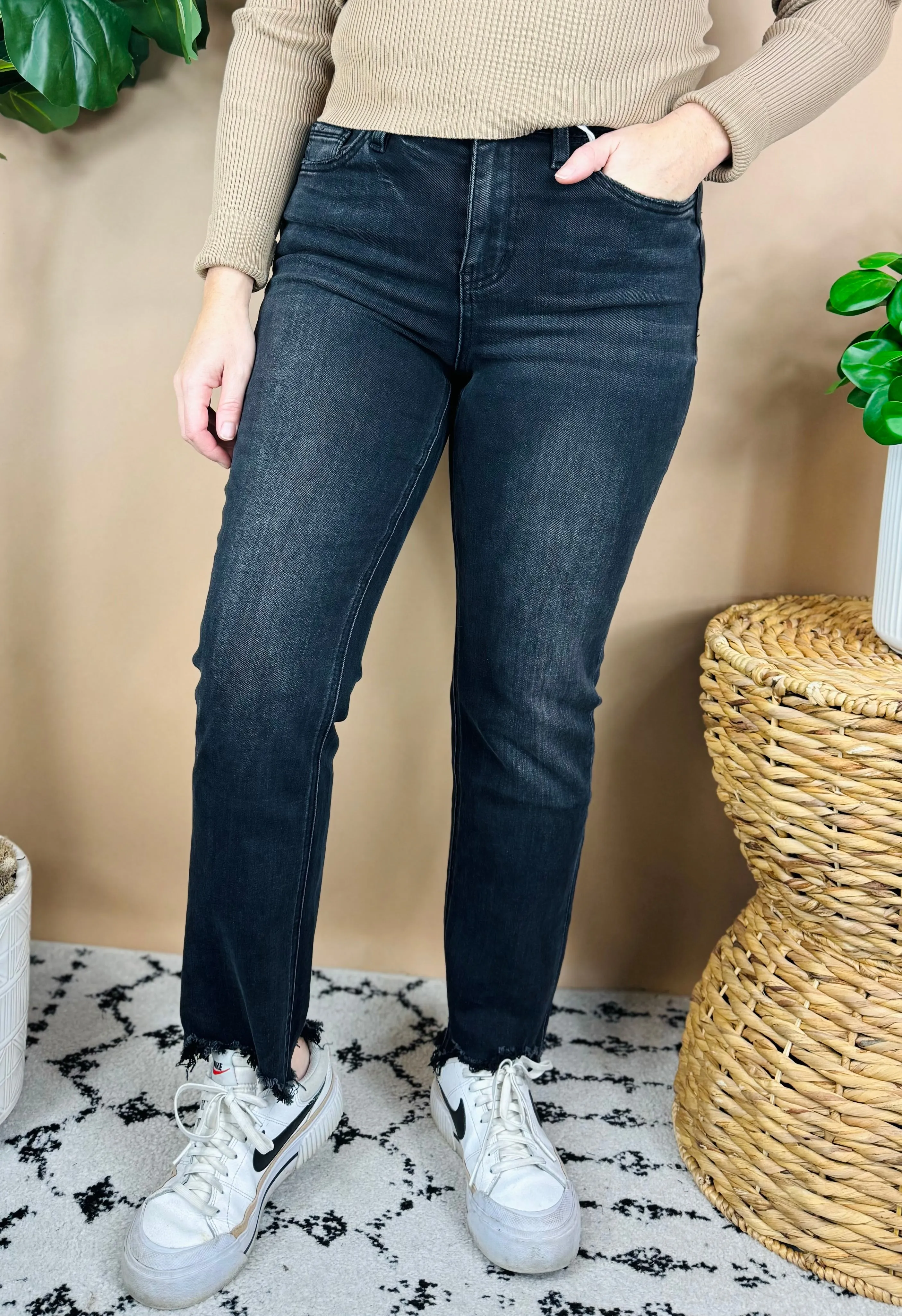 Victoria High Rise Slim Straight Black Jeans