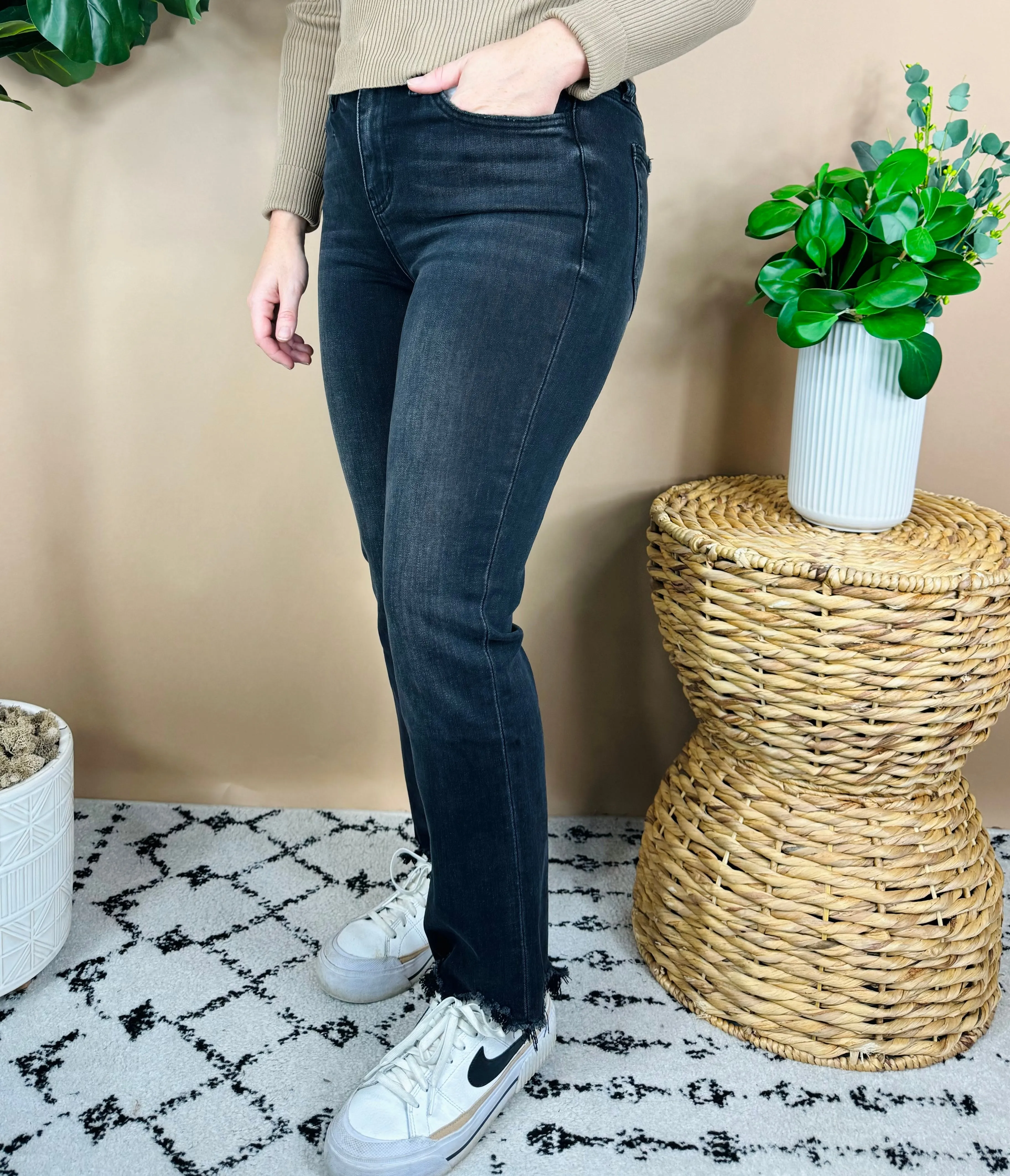 Victoria High Rise Slim Straight Black Jeans