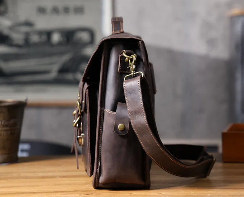 Vintage Large Leather Briefcase 14" Leather Briefcase Laptop Bag Full Grain Leather Messenger Bag Crossbody Bag For Men