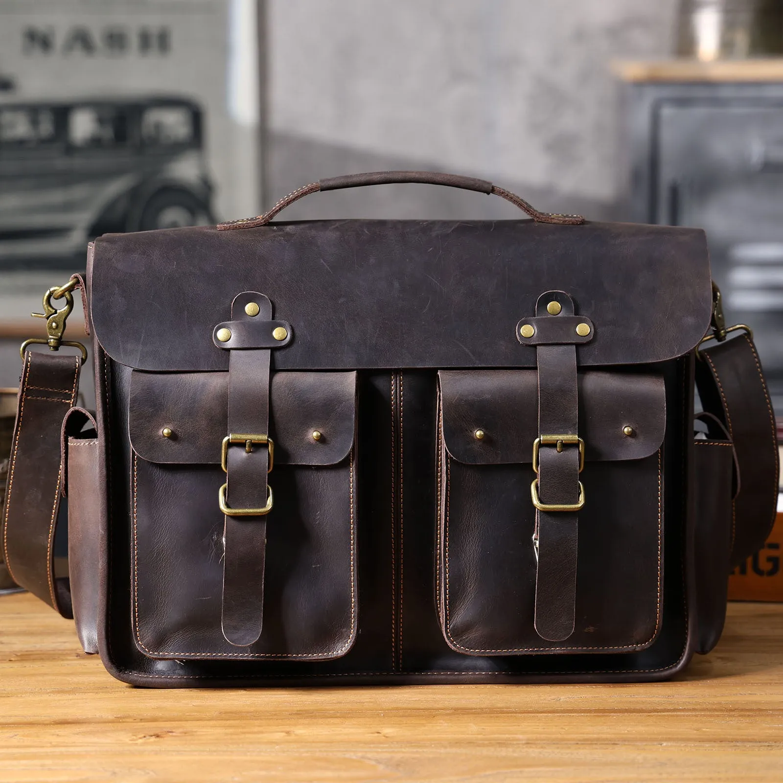 Vintage Large Leather Briefcase 14" Leather Briefcase Laptop Bag Full Grain Leather Messenger Bag Crossbody Bag For Men