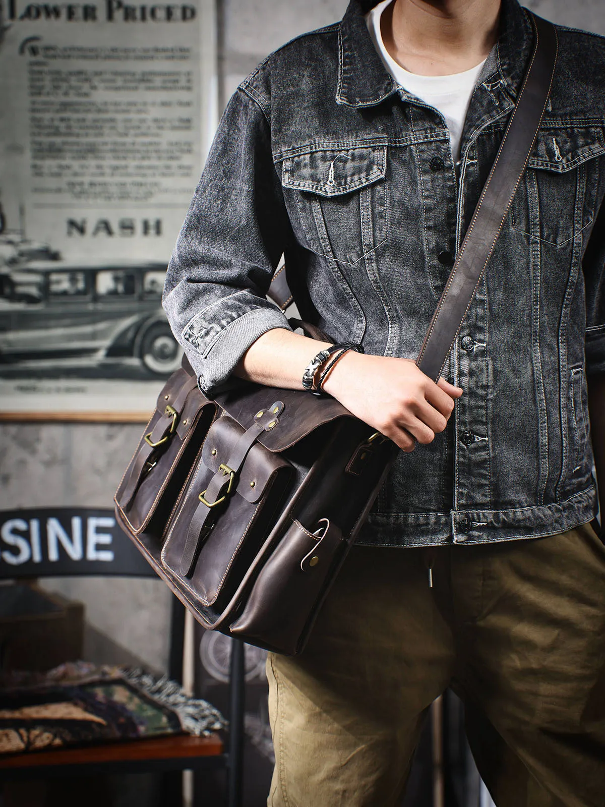 Vintage Large Leather Briefcase 14" Leather Briefcase Laptop Bag Full Grain Leather Messenger Bag Crossbody Bag For Men