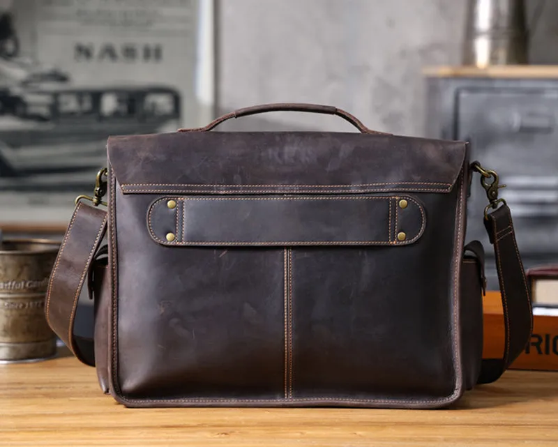 Vintage Large Leather Briefcase 14" Leather Briefcase Laptop Bag Full Grain Leather Messenger Bag Crossbody Bag For Men