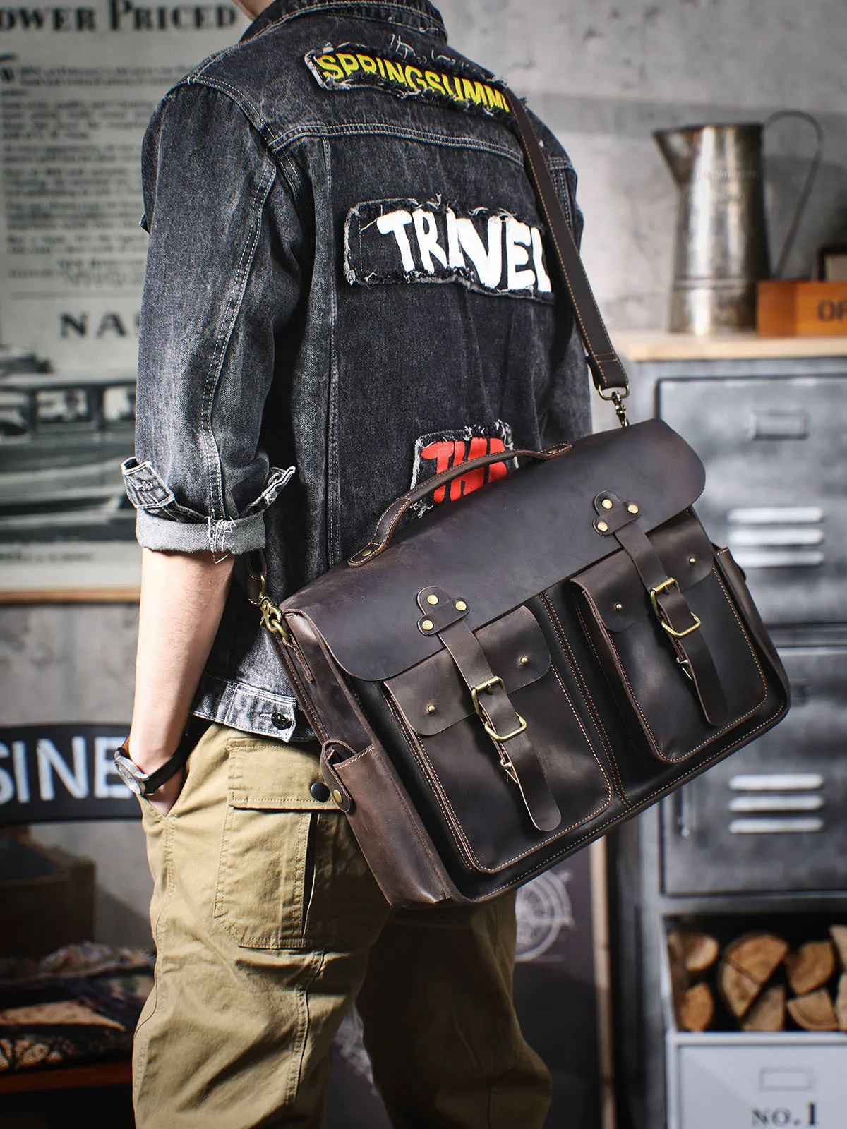 Vintage Large Leather Briefcase 14" Leather Briefcase Laptop Bag Full Grain Leather Messenger Bag Crossbody Bag For Men