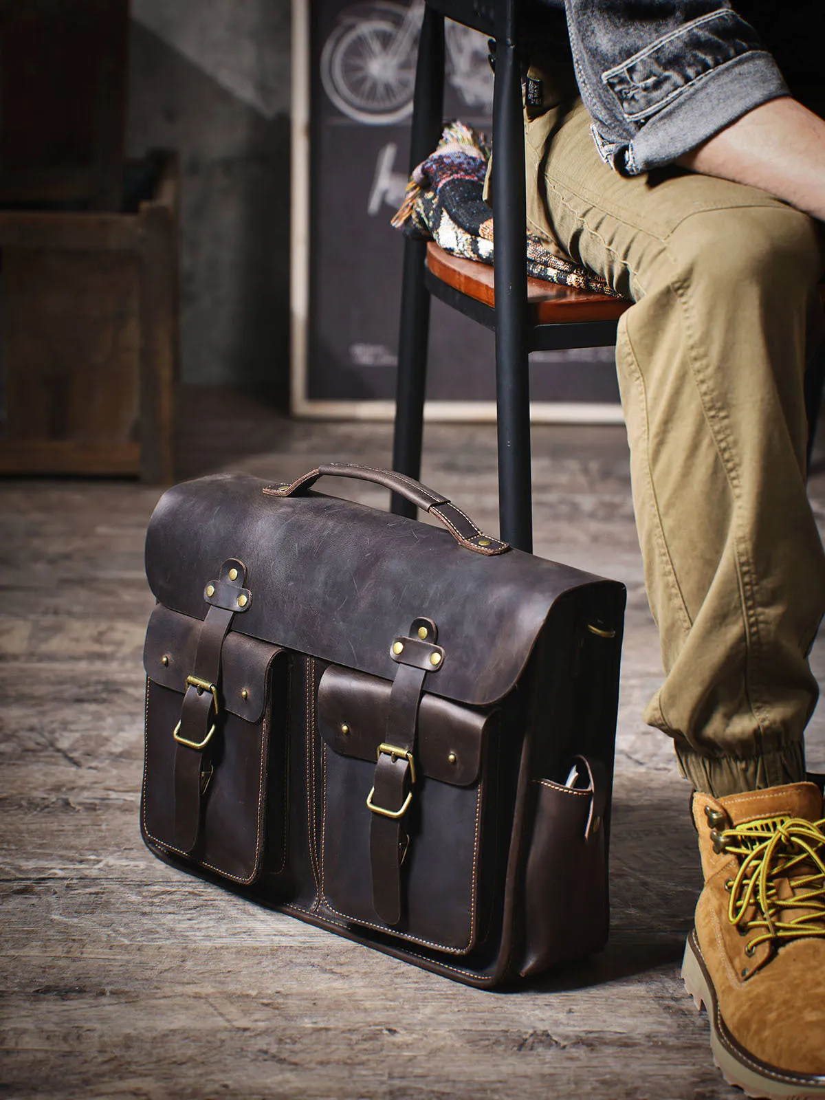 Vintage Large Leather Briefcase 14" Leather Briefcase Laptop Bag Full Grain Leather Messenger Bag Crossbody Bag For Men