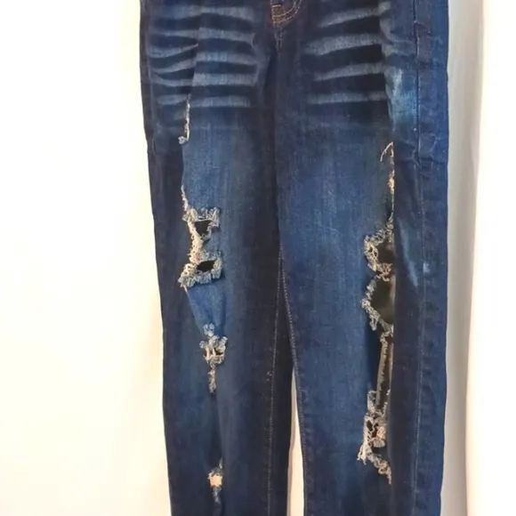 V.I.P JEANS  Plus Size 14 Dark Blue Stone Washed w Large Distress FASHION Holes