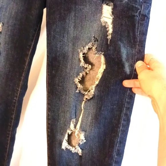 V.I.P JEANS  Plus Size 14 Dark Blue Stone Washed w Large Distress FASHION Holes