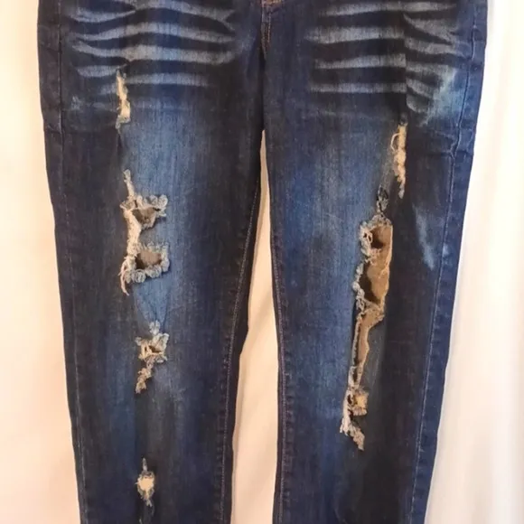 V.I.P JEANS  Plus Size 14 Dark Blue Stone Washed w Large Distress FASHION Holes