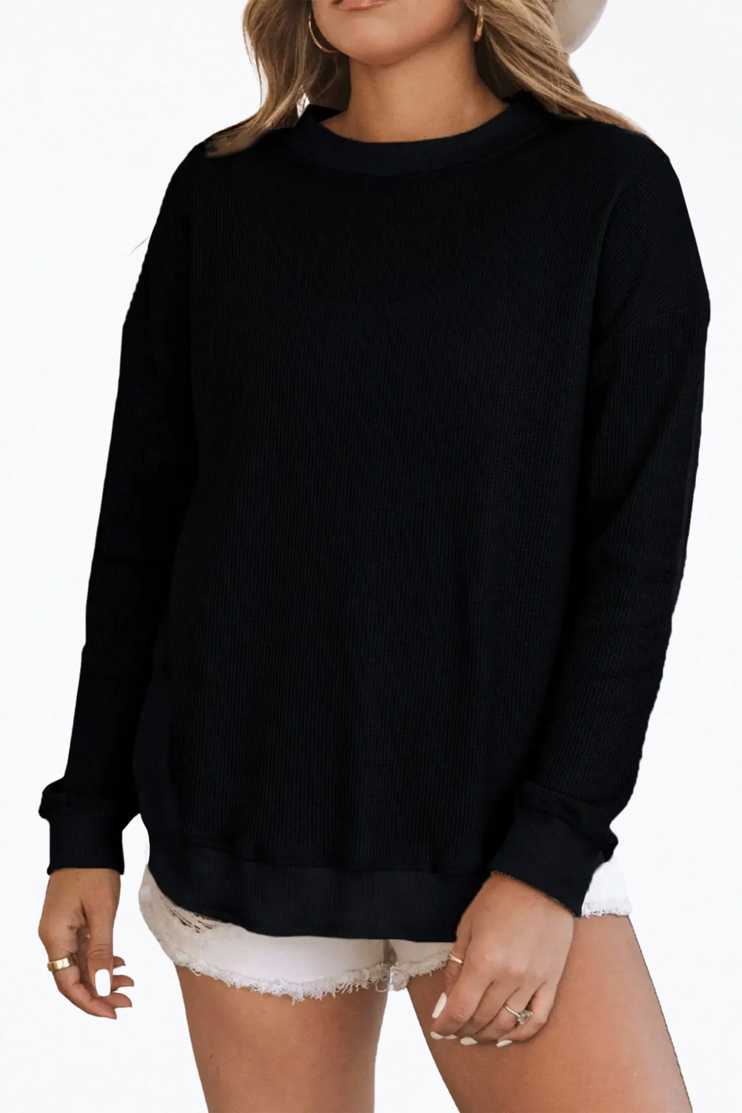 WAFFLE-KNIT COTTON-BLEND CREWNECK TOP