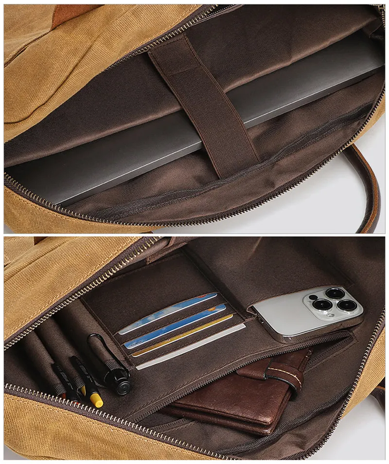 Waxed Canvas Briefcase Bag Handmade Canvas Laptop Messenger Bag Vintage Office Bag Canvas Crossbody bag