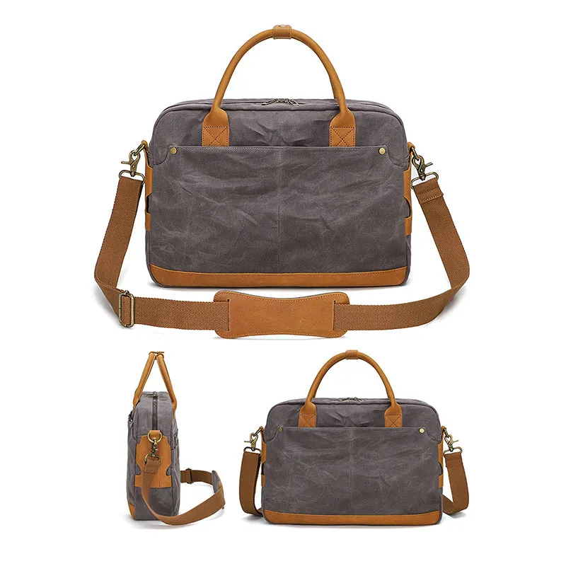 Waxed Canvas Briefcase Bag Handmade Canvas Laptop Messenger Bag Vintage Office Bag Canvas Crossbody bag