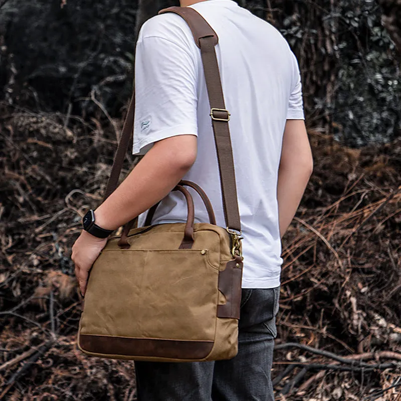 Waxed Canvas Briefcase Bag Handmade Canvas Laptop Messenger Bag Vintage Office Bag Canvas Crossbody bag