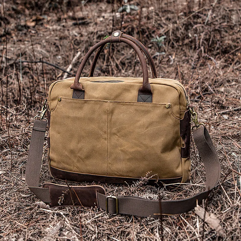 Waxed Canvas Briefcase Bag Handmade Canvas Laptop Messenger Bag Vintage Office Bag Canvas Crossbody bag