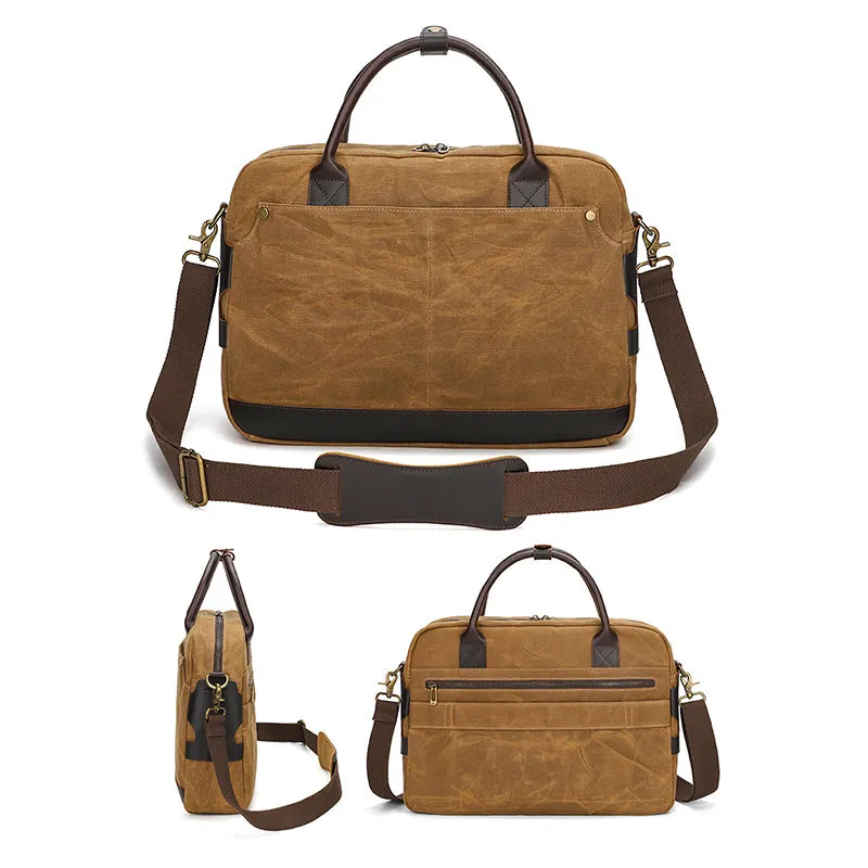 Waxed Canvas Briefcase Bag Handmade Canvas Laptop Messenger Bag Vintage Office Bag Canvas Crossbody bag