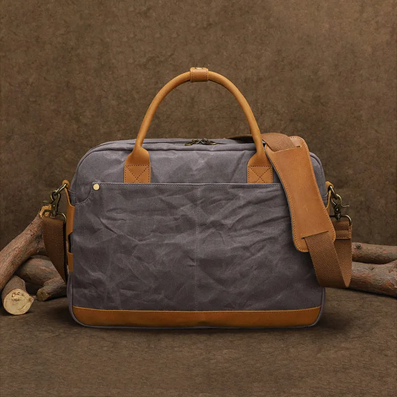Waxed Canvas Briefcase Bag Handmade Canvas Laptop Messenger Bag Vintage Office Bag Canvas Crossbody bag