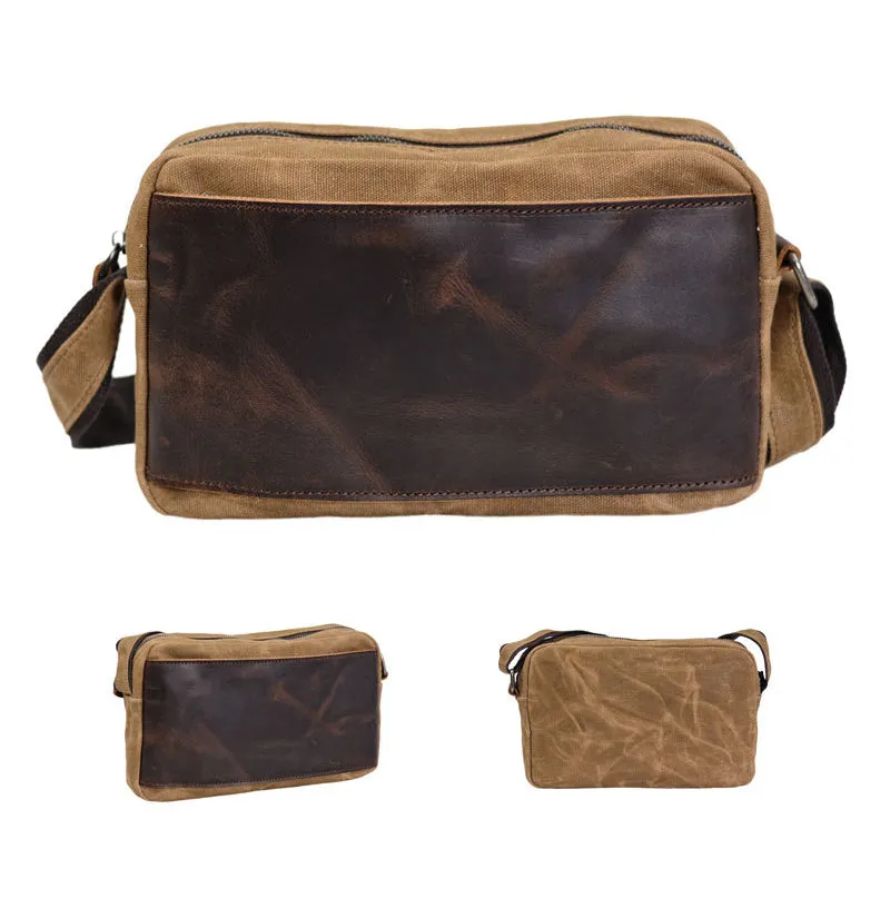 Waxed Canvas Messenger Bag Men Satchel Bag With Full Grain Leather Vintage Crossbody Bag Canvas Shoulder Bag iPad Bag