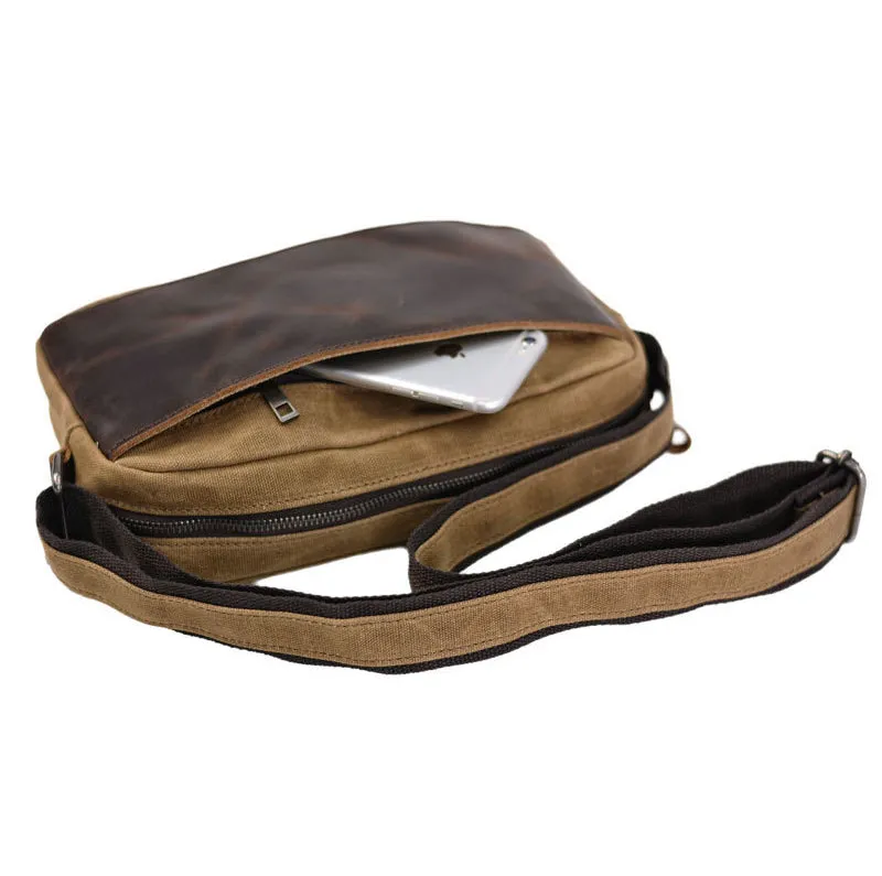 Waxed Canvas Messenger Bag Men Satchel Bag With Full Grain Leather Vintage Crossbody Bag Canvas Shoulder Bag iPad Bag