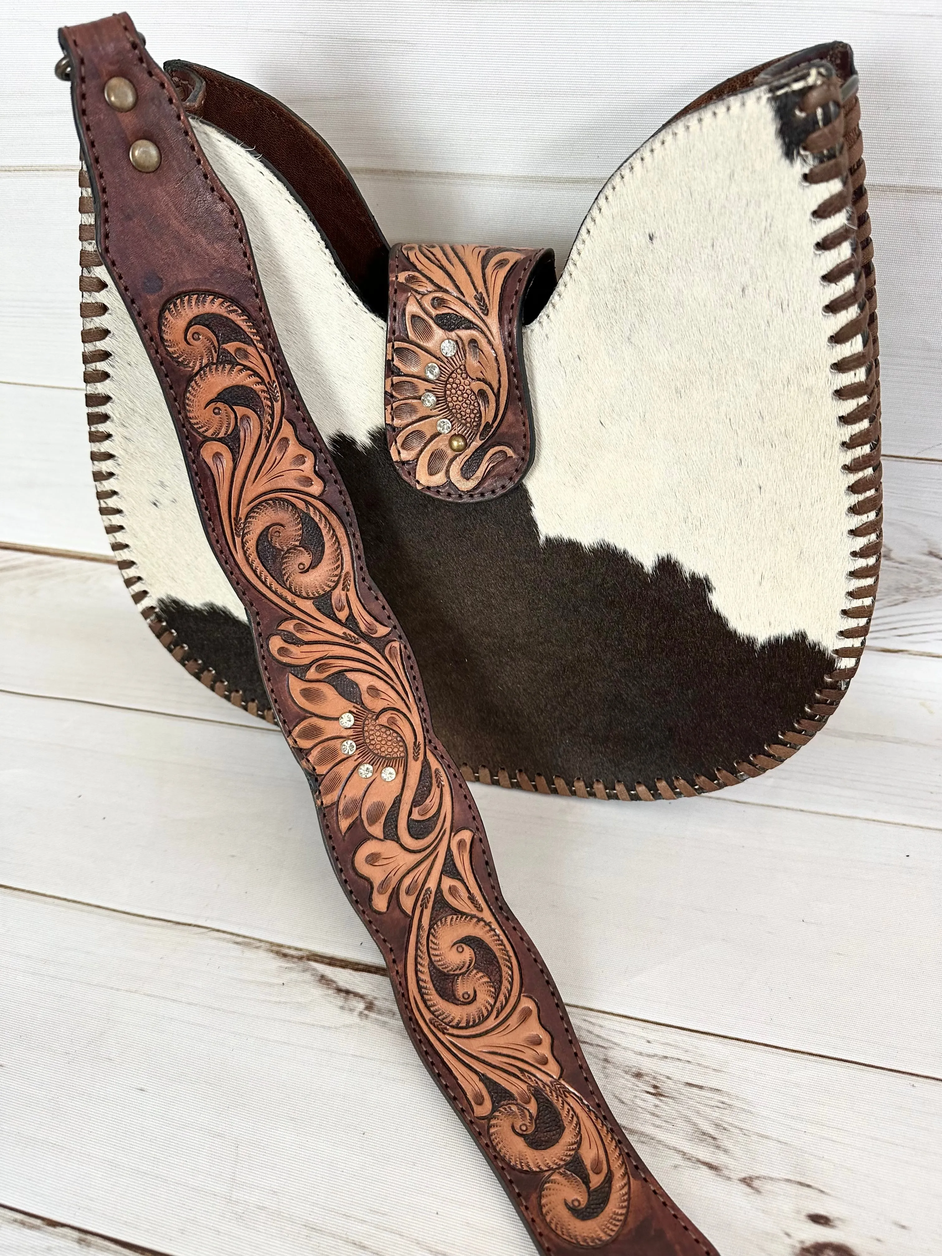 Western Leather Tooled and Cowhide Structured Hobo Handbag