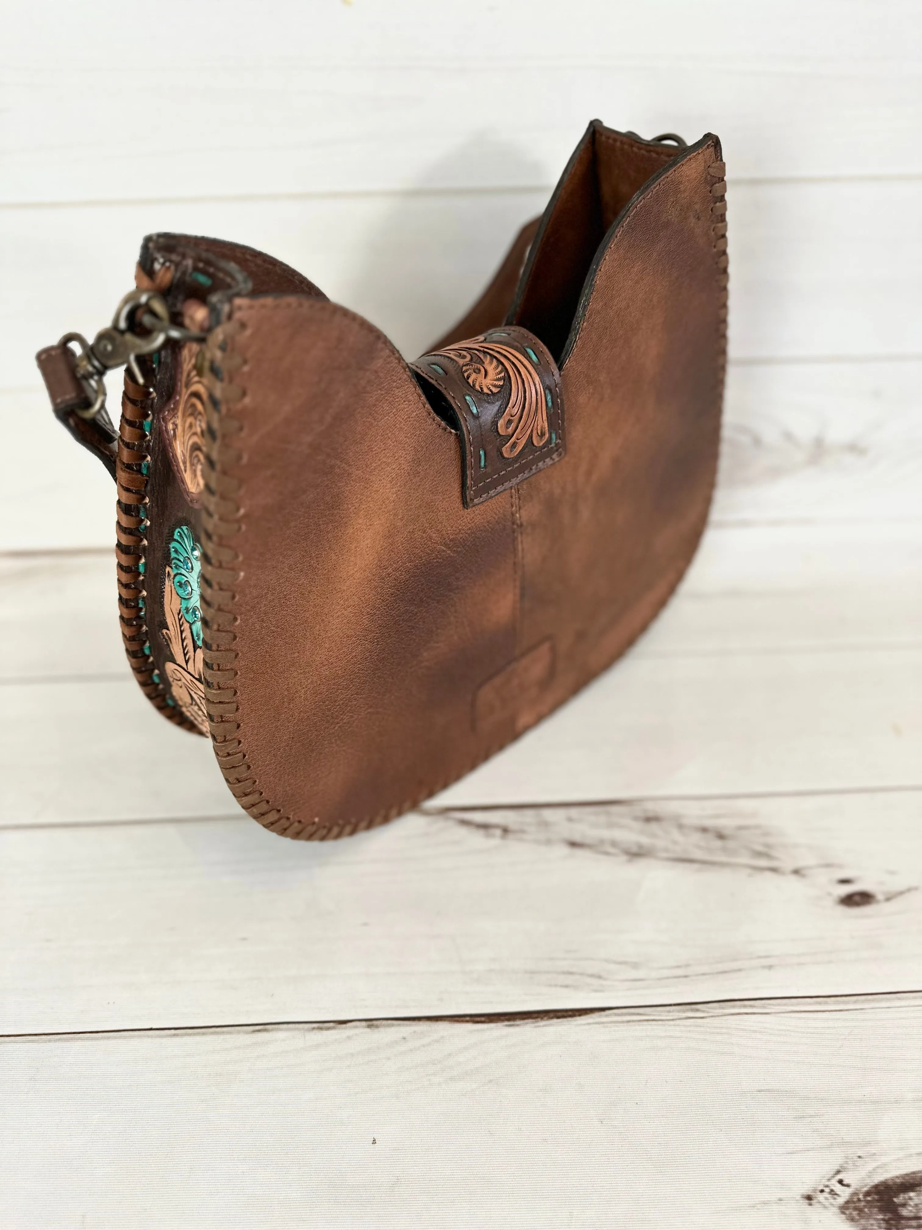 Western Leather Tooled and Cowhide Structured Hobo Handbag