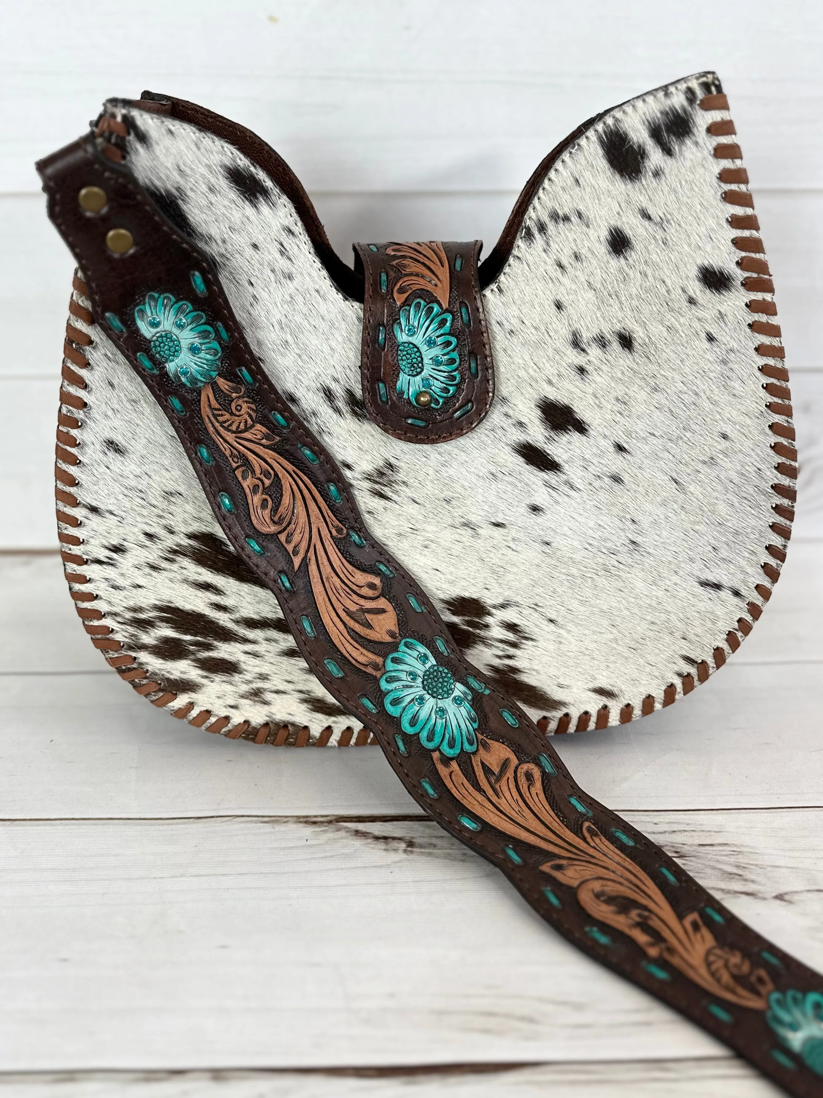 Western Leather Tooled and Cowhide Structured Hobo Handbag