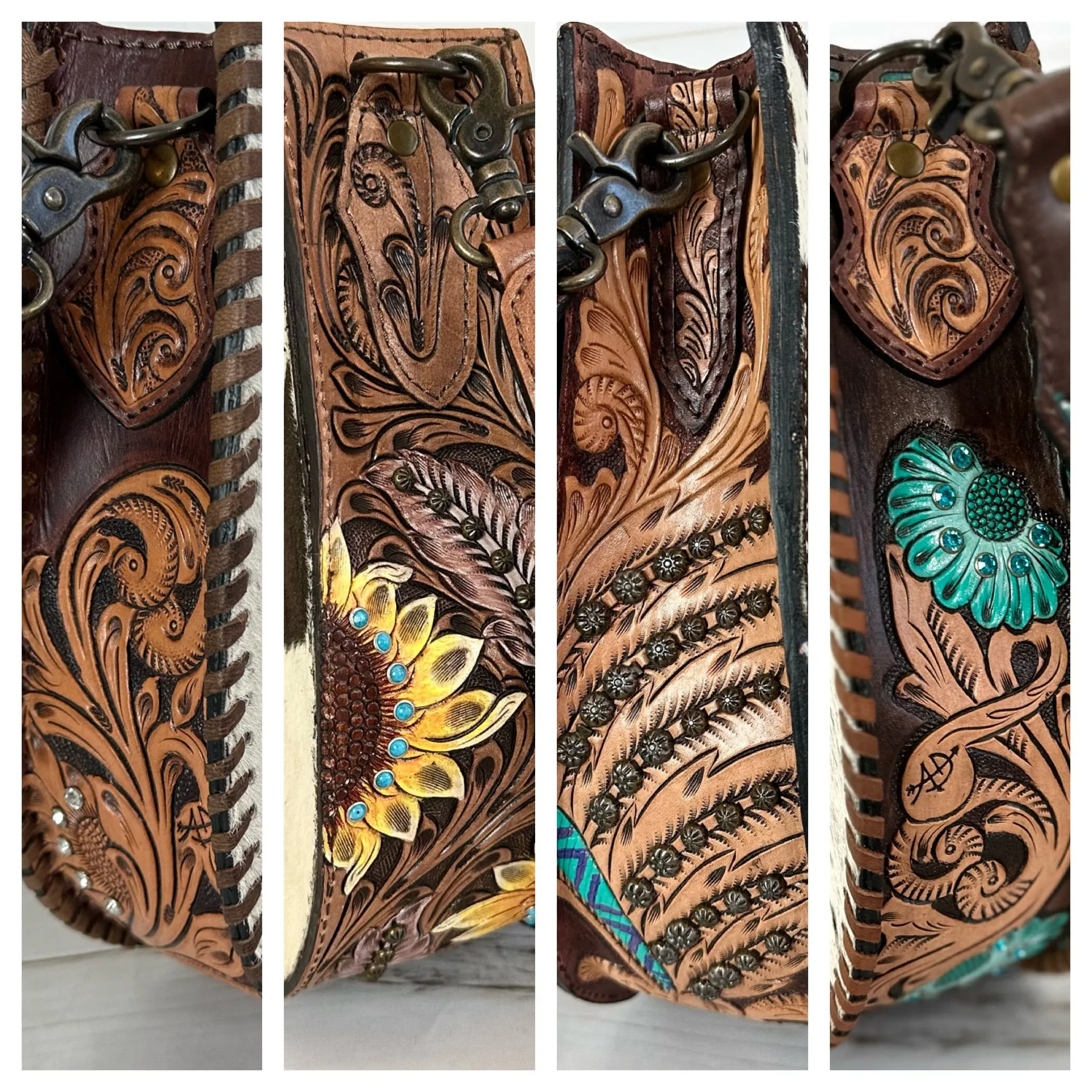 Western Leather Tooled and Cowhide Structured Hobo Handbag