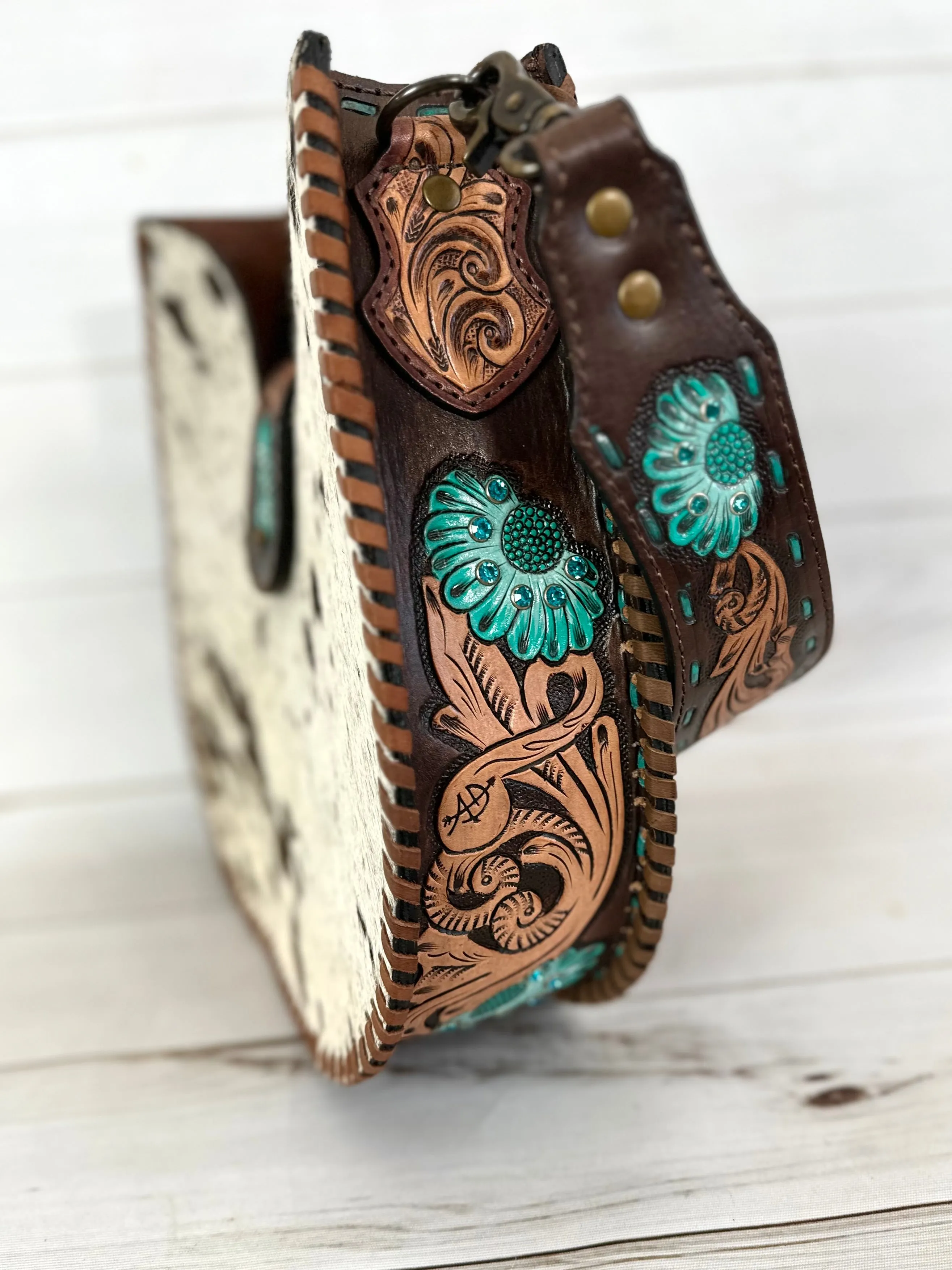 Western Leather Tooled and Cowhide Structured Hobo Handbag