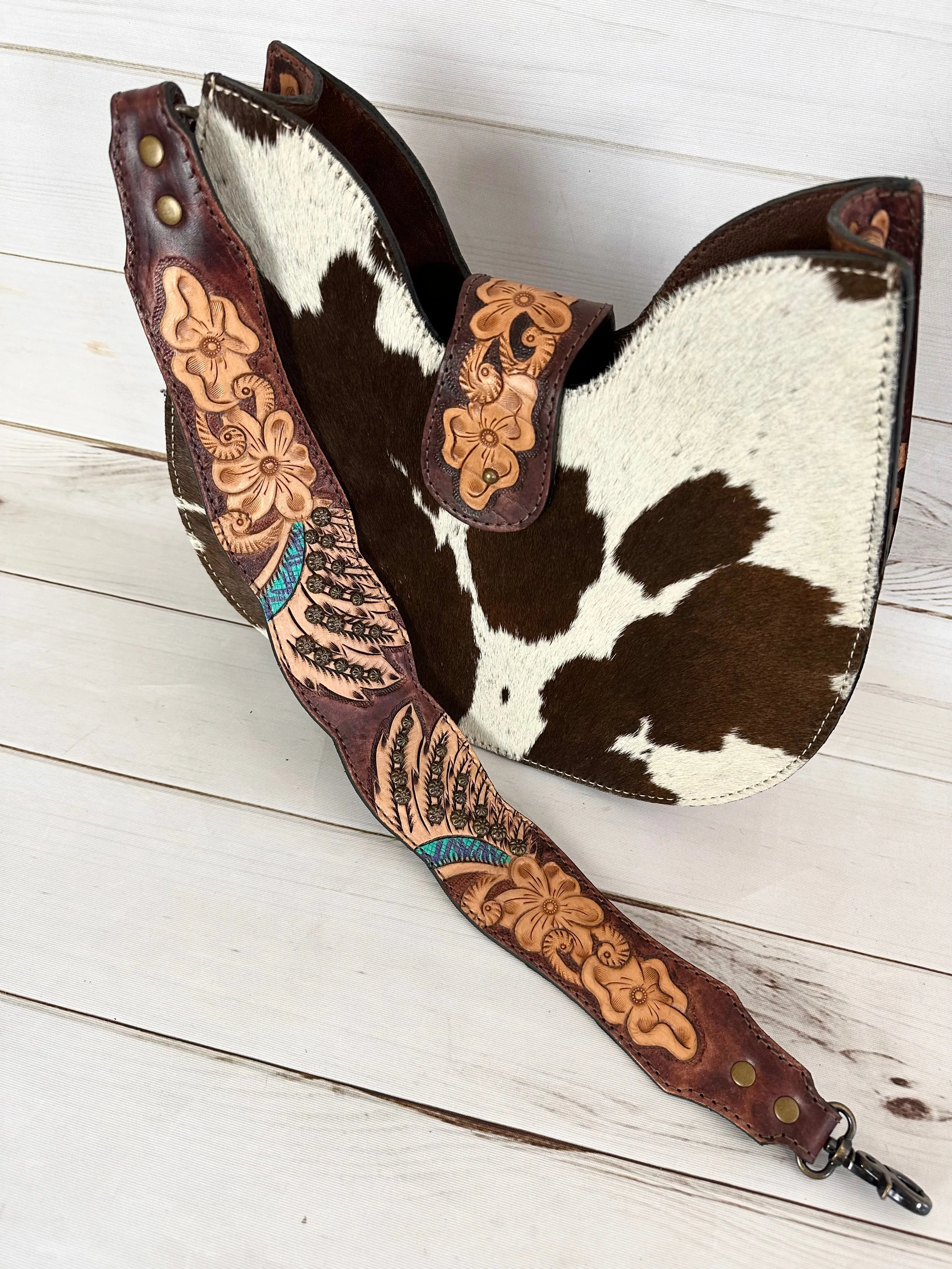 Western Leather Tooled and Cowhide Structured Hobo Handbag