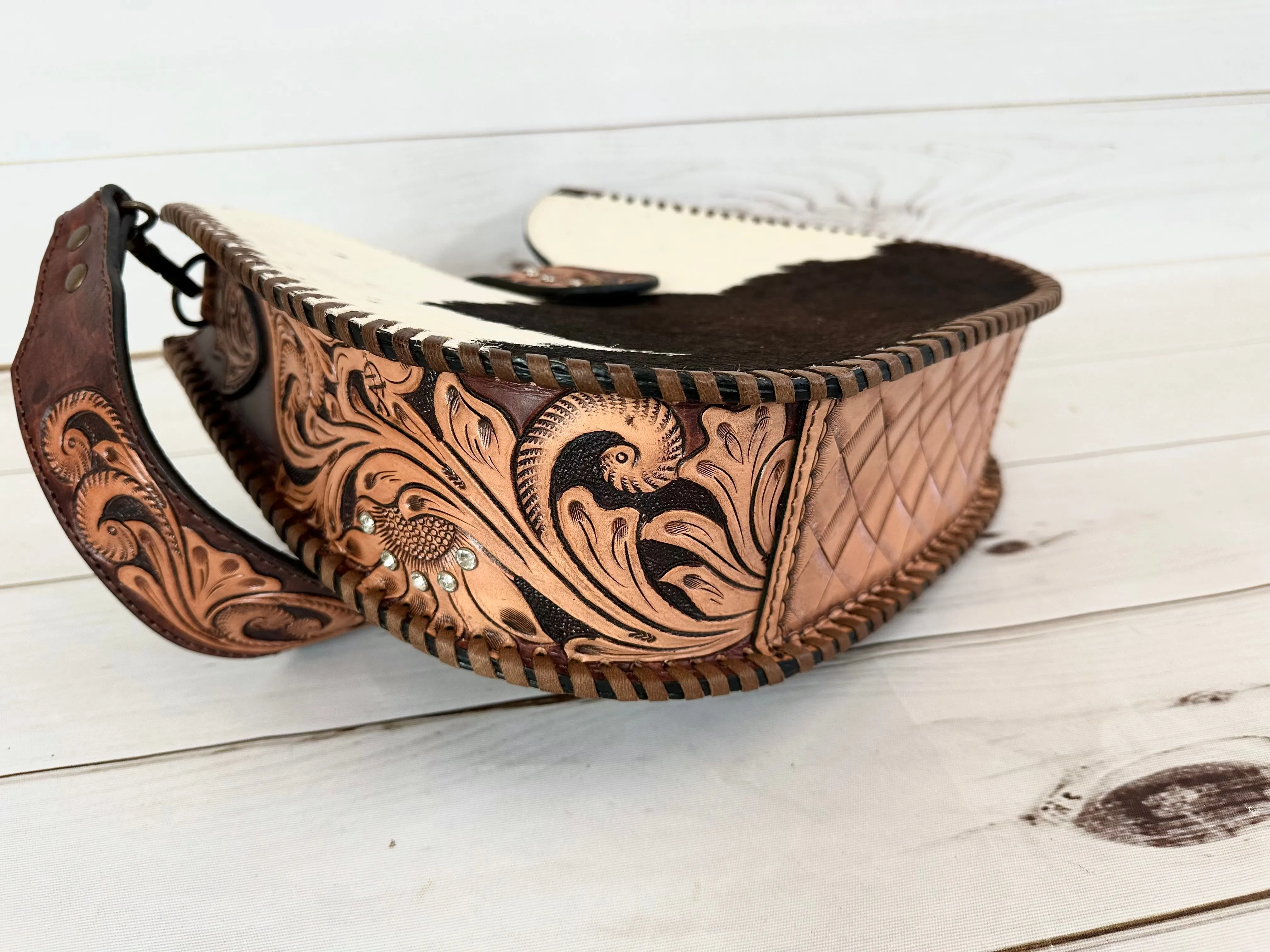 Western Leather Tooled and Cowhide Structured Hobo Handbag